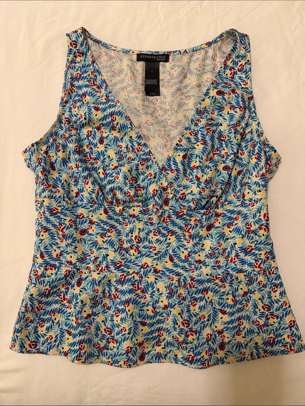 Kenneth Cole 100% Silk Abstract Floral V-Neck Sleeveless Blouse w/ Side Zip